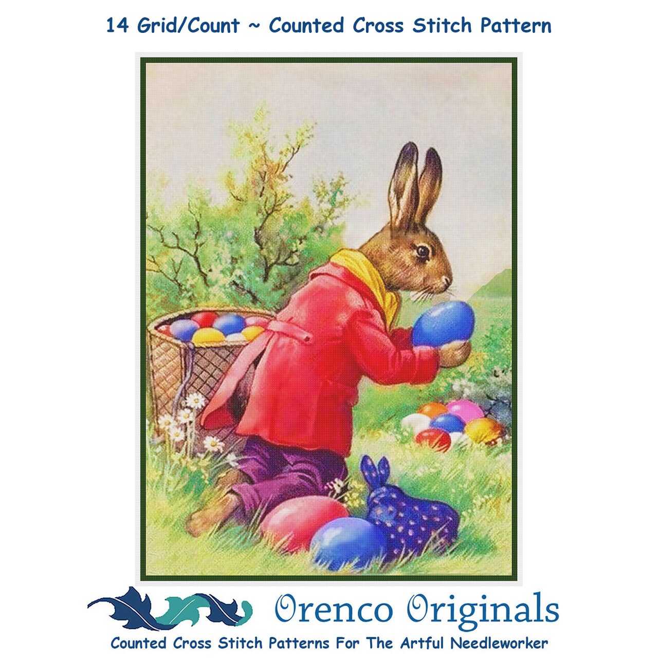 Vintage Easter Bunny Hiding Eggs Counted Cross Stitch Pattern